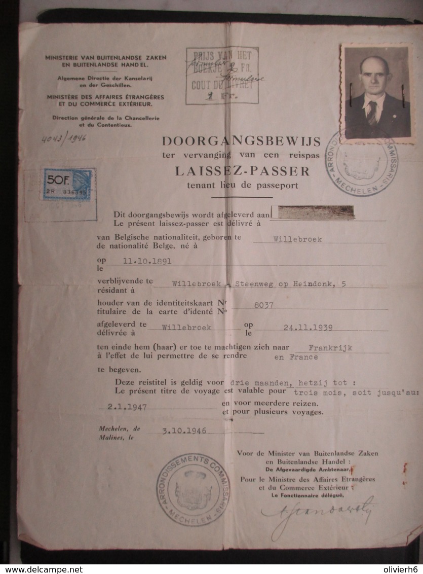 VP BELGIQUE (M1902) LAISSEZ-PASSER - DOORGANGSBEWIJS (2 VUES) 3/10/1946 Vers La France - Documents Historiques