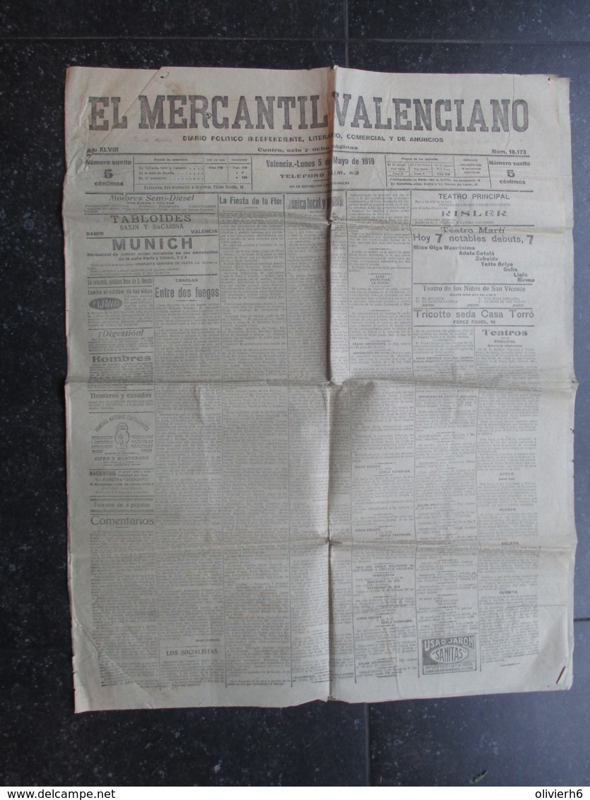 VP ESPAGNE (M1902) EL MERCANTIL VALENCIANO (2 VUES) Num 18.173 - LUNES 5 MAYO 1919 - [1] Hasta 1980