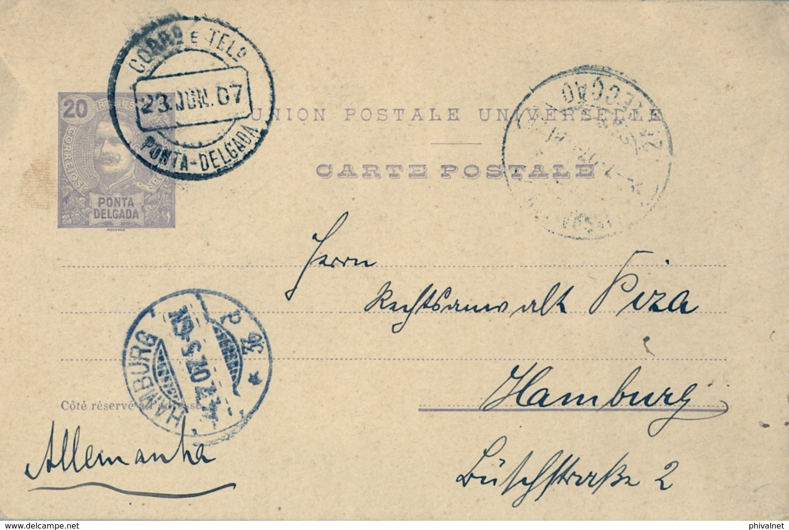 1907 , PORTUGAL - PONTA DELGADA , ENTERO POSTAL CIRCULADO A HAMBURGO , LLEGADA - Ponta Delgada