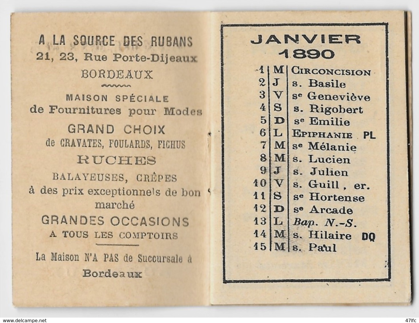 Petit Calendrier Publicitaire "à La Source Des Rubans, Bordeaux" - Année 1890 - 6,3 X 4,2 Cm - TBE - Autres & Non Classés