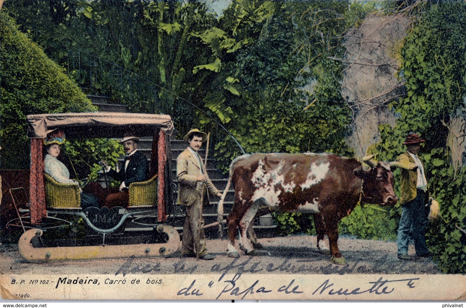 1907 , PORTUGAL - FUNCHAL , TARJETA POSTAL CIRCULADA A PARIS , TRÁNSITO DE LISBOA , MADEIRA - CARRO DE BOIS - Funchal