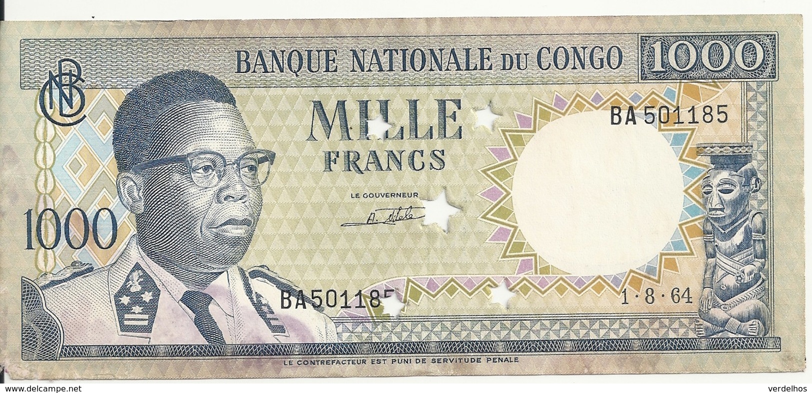 CONGO 1000 FRANCS 1964 VF BILLET PERFORE P 8 - Non Classés