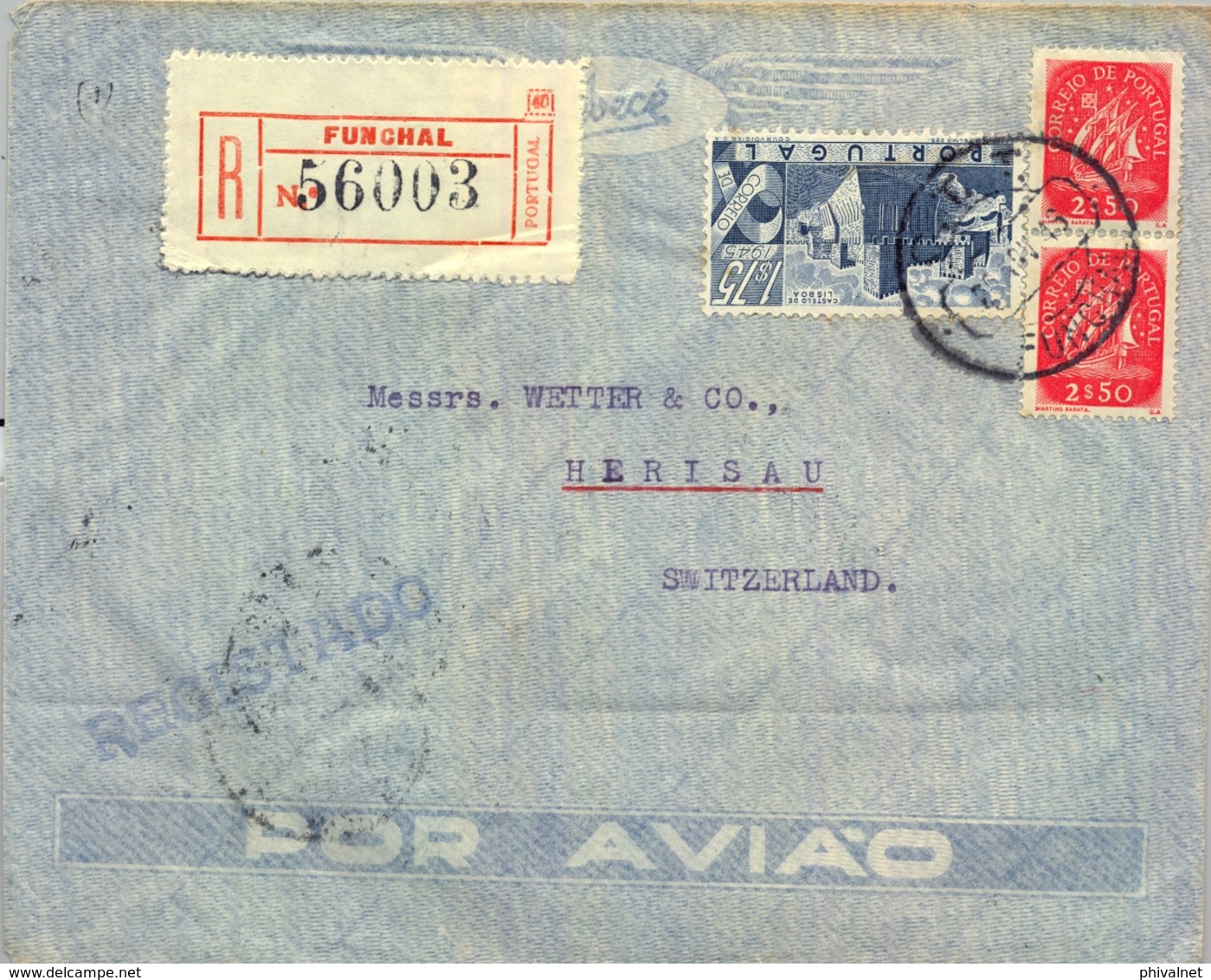 1946 , PORTUGAL - FUNCHAL , CERTIFICADO A HERISAU , TRÁNSITO DE LISBOA , LLEGADA - Funchal