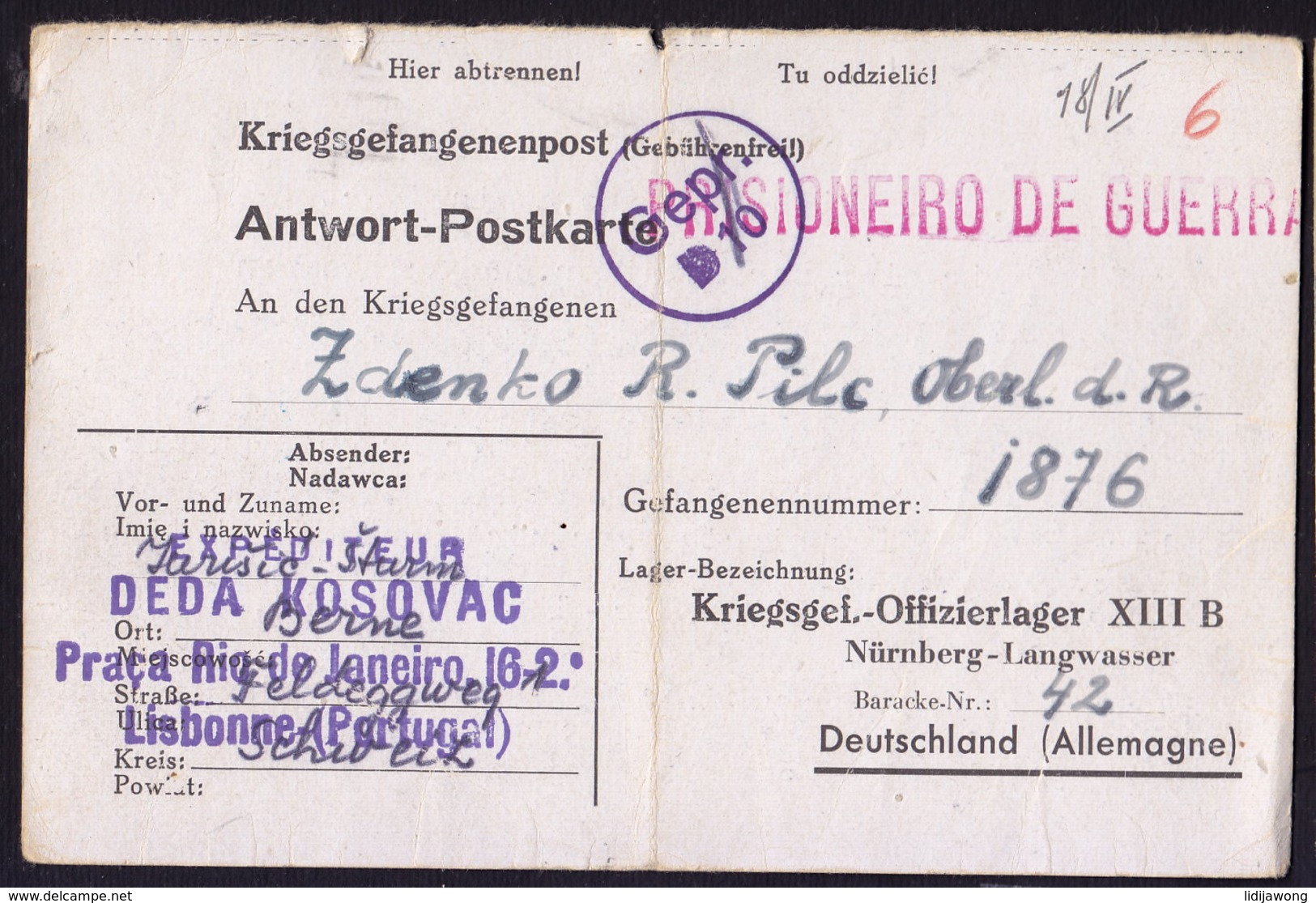 PORTUGAL To NURNBERG LANGWASSER POW LAGER OFLAG VIII B 1943 Kriegsgefangenepost REPLY CARD (see Sales Conditions) - Lettres & Documents