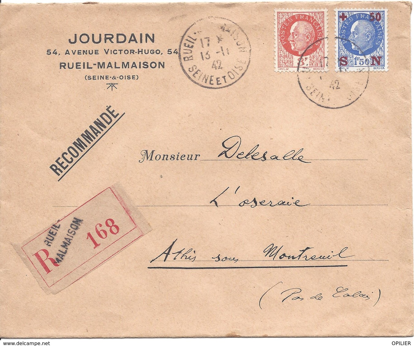 RUEIL MALMAISON 1942 RECOMMANDE Pour Attin Pas De Calais Pétain 3F N°521 + 1.50 Surcharge Secours National - 1941-42 Pétain