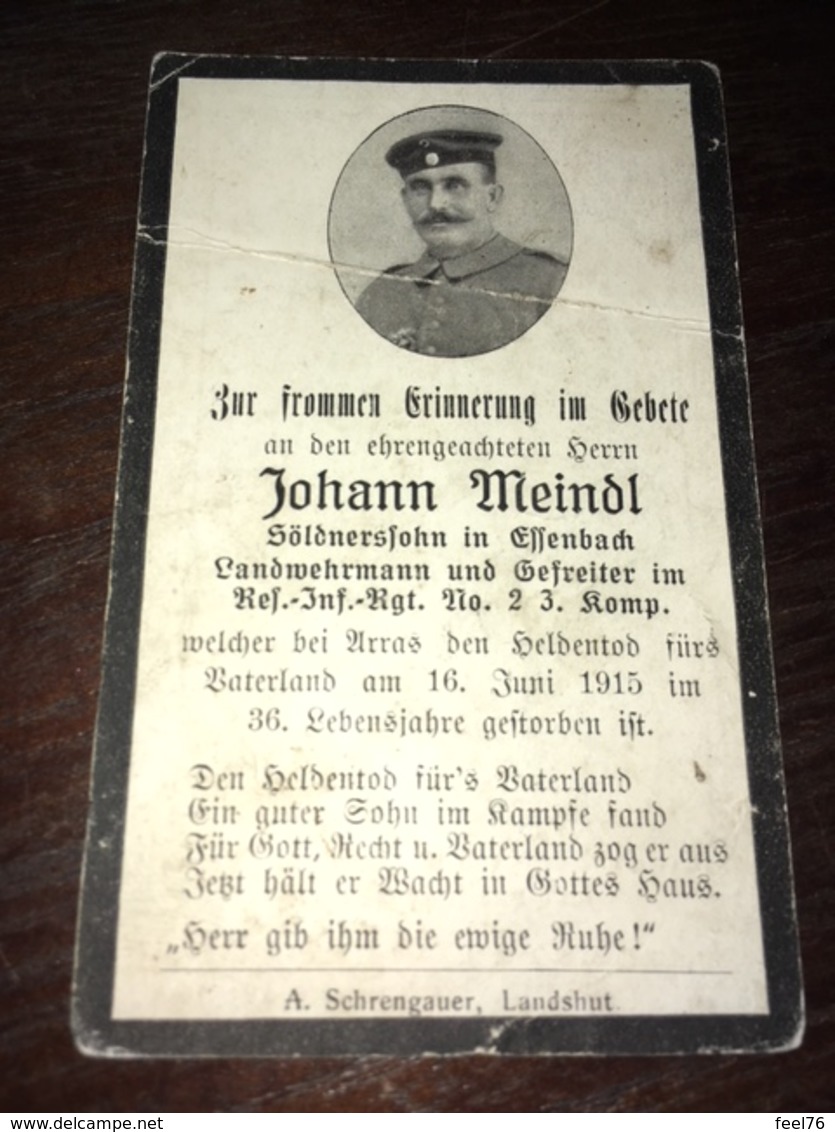 Sterbebild Wk1 Ww1 Bidprentje Avis Décès Deathcard RIR2 ARRAS Juni 1915 Aus Essenbach - 1914-18