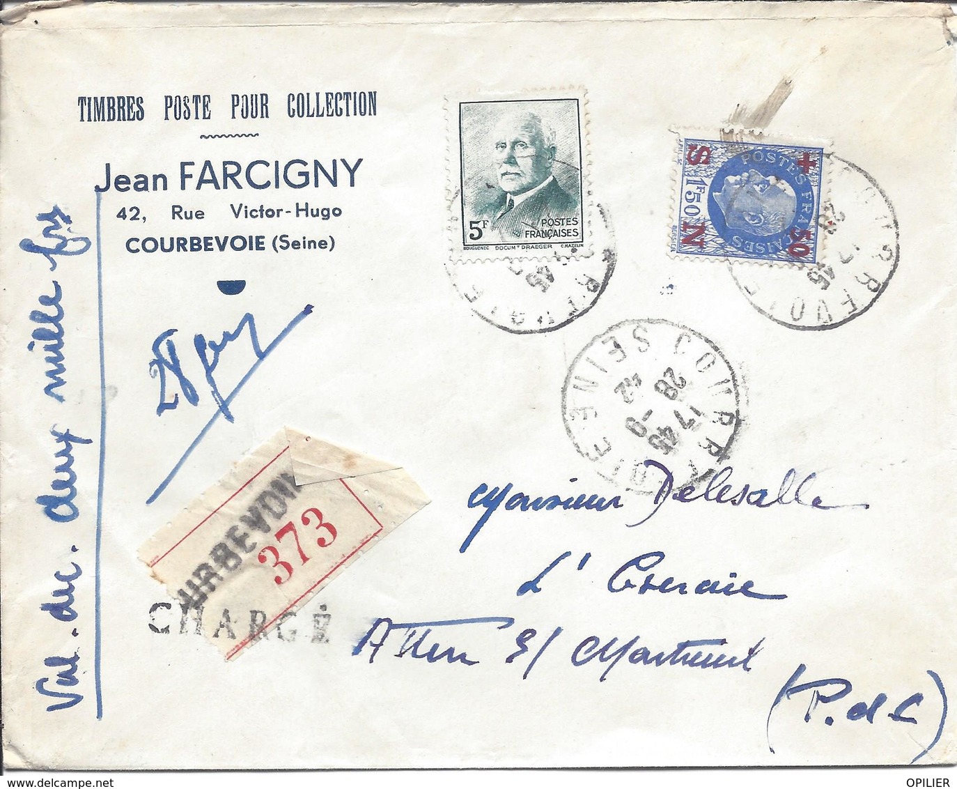 COURBEVOIE CHARGE VALEUR DECLAREE 2000F 28 9 42 Timbre Pétain 5F N°524 + N°552 1.50F Secours National Tarif 6.50F 28g - 1941-42 Pétain