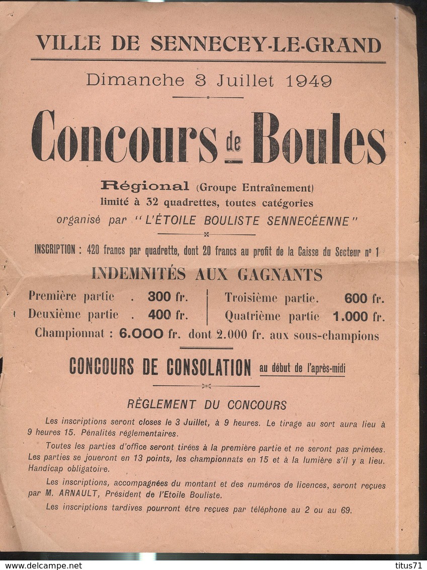 Affiche Sennecey Le Grand 3 Juillet 1949 Concours De Boules  - Format 21 X 27,5 Cm - Affiches