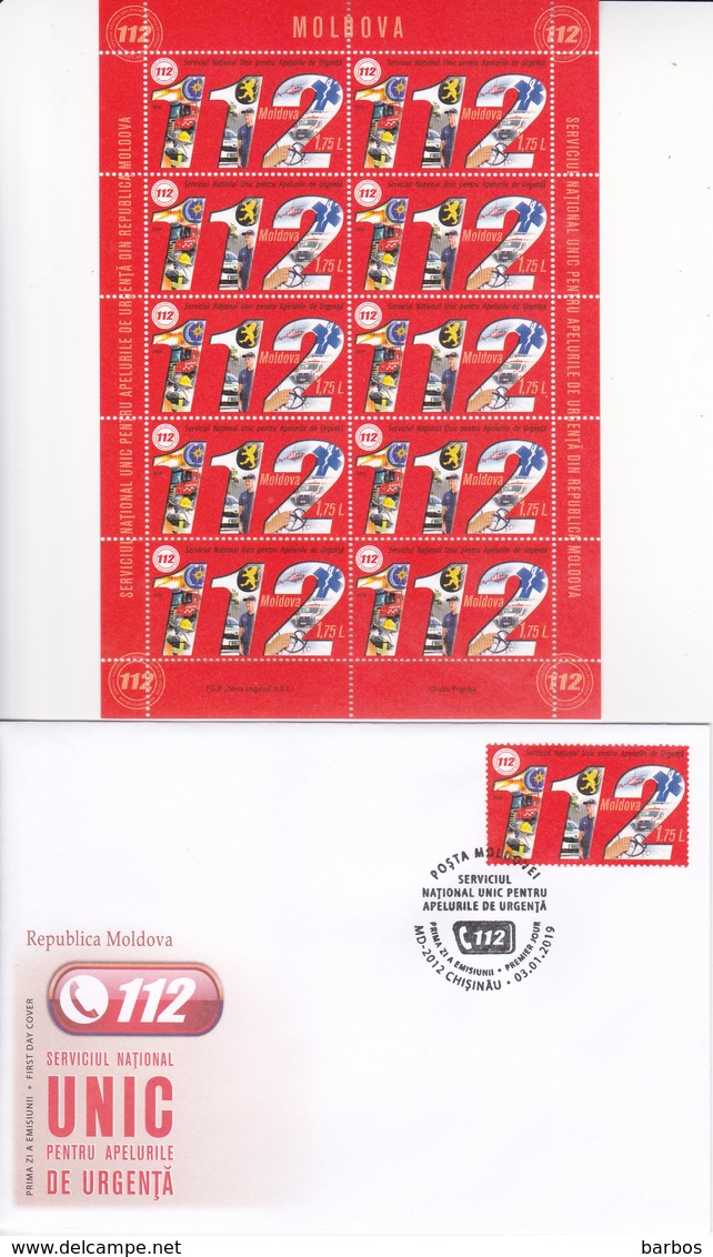 2019 , Moldova  Moldavie  Moldawien  Moldau  , National Call Cervice - 112 , Medicine , Police , 1 Sheetlet + FDC , MNH - Moldova