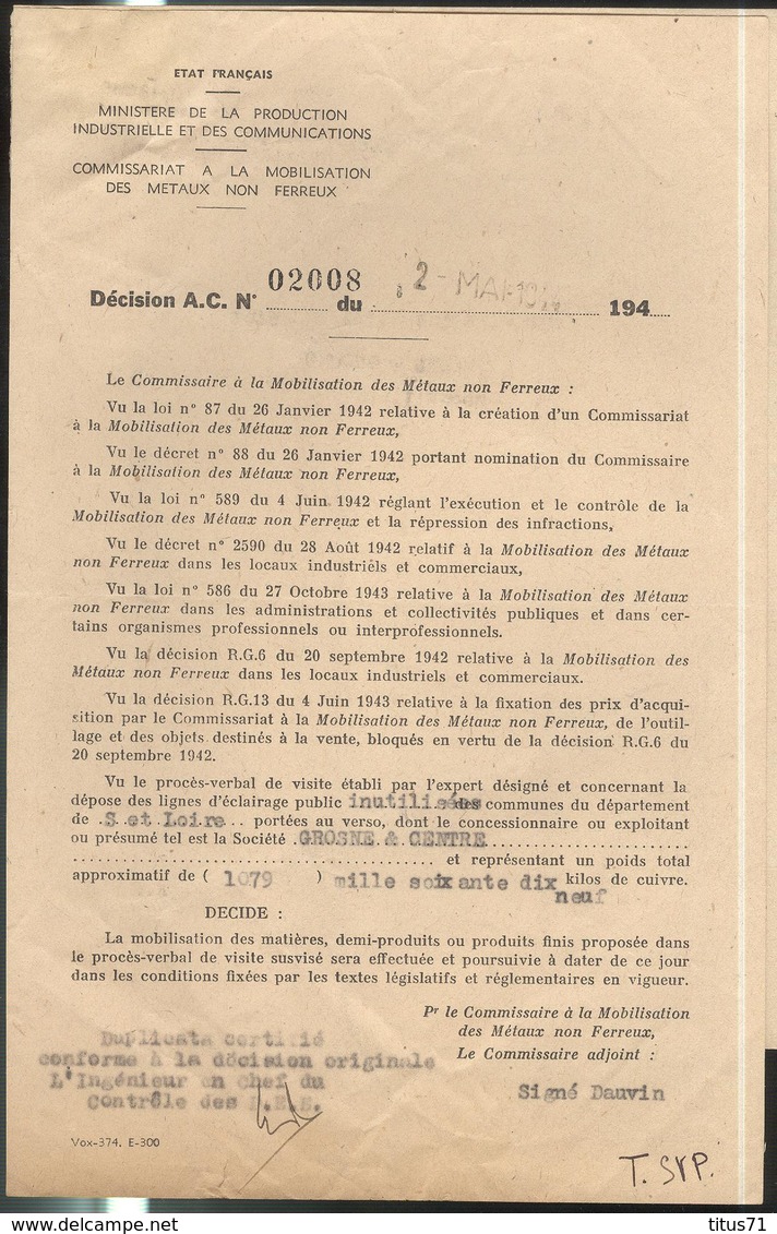 Décision Commissariat Mobilisation Des Métaux Non Ferreux - Dépose De Lignes D'éclairage Public - 1079 Kg De Cuivre - Documents Historiques