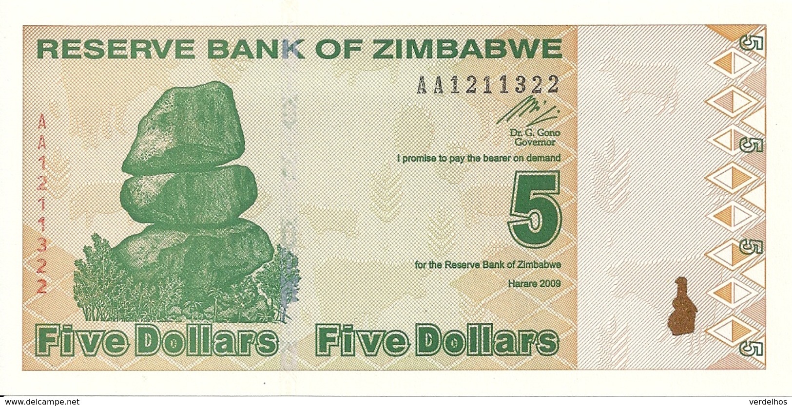 ZIMBABWE 5 DOLLARS 2009 UNC P 93 - Zimbabwe