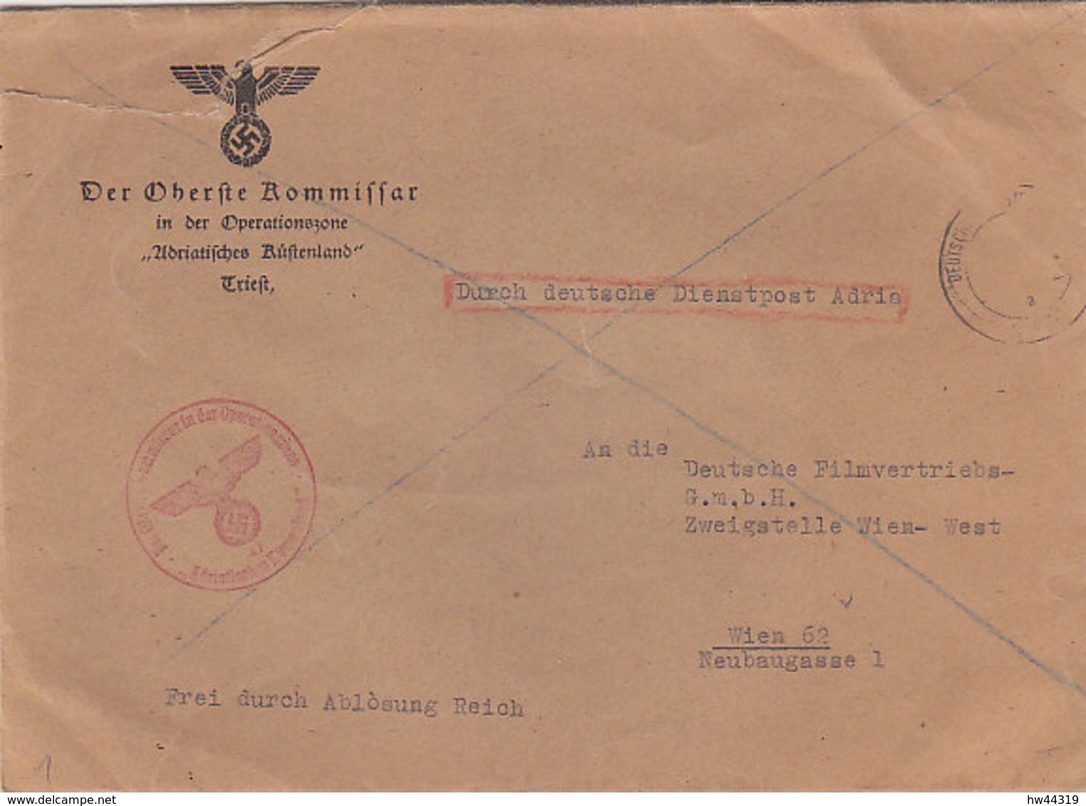 Durch Deutsche Dienstpost Adria -Der Oberste Kommisar In Der Operationszone Von Adriatischen Küstenland TRIEST / Erhalt - Lettres & Documents