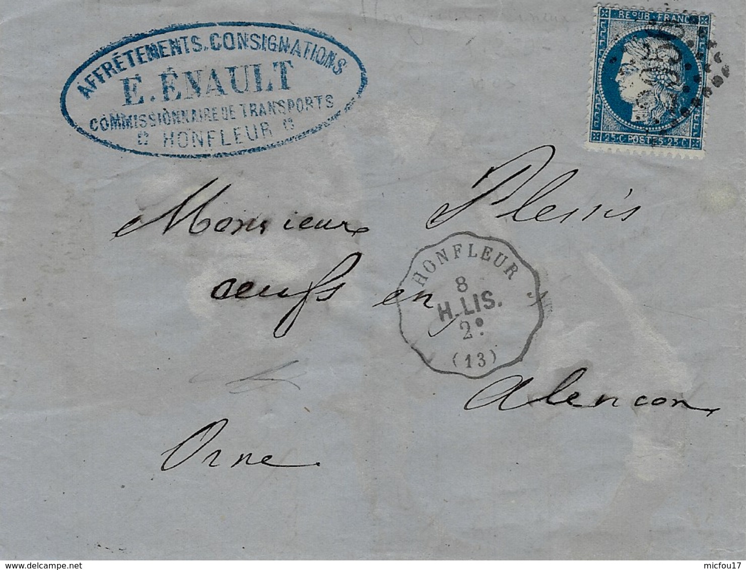 1873- Lettre De HONFLEUR ( Calvados ) Cad Conv. Stat  Honfleur  H.LIS. 2°   Affr. N°60  Oblit. G C 2056 ( Lisieux ) - 1849-1876: Classic Period