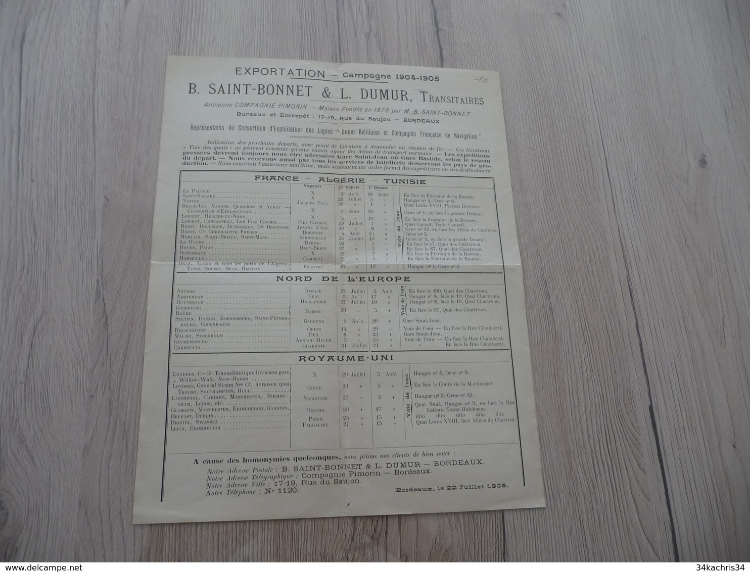 Pub Horaire Départ 1904/1905 Bonnet Dumur Bordeaux Vapeurs Paquebot Commerce Maritime - Transportmiddelen