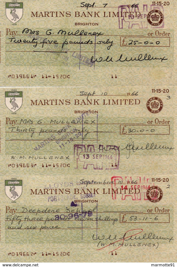 MARTIN'S BANK LIMITED 1966 BRIGHTON CHEQUE CHECK - Schecks  Und Reiseschecks