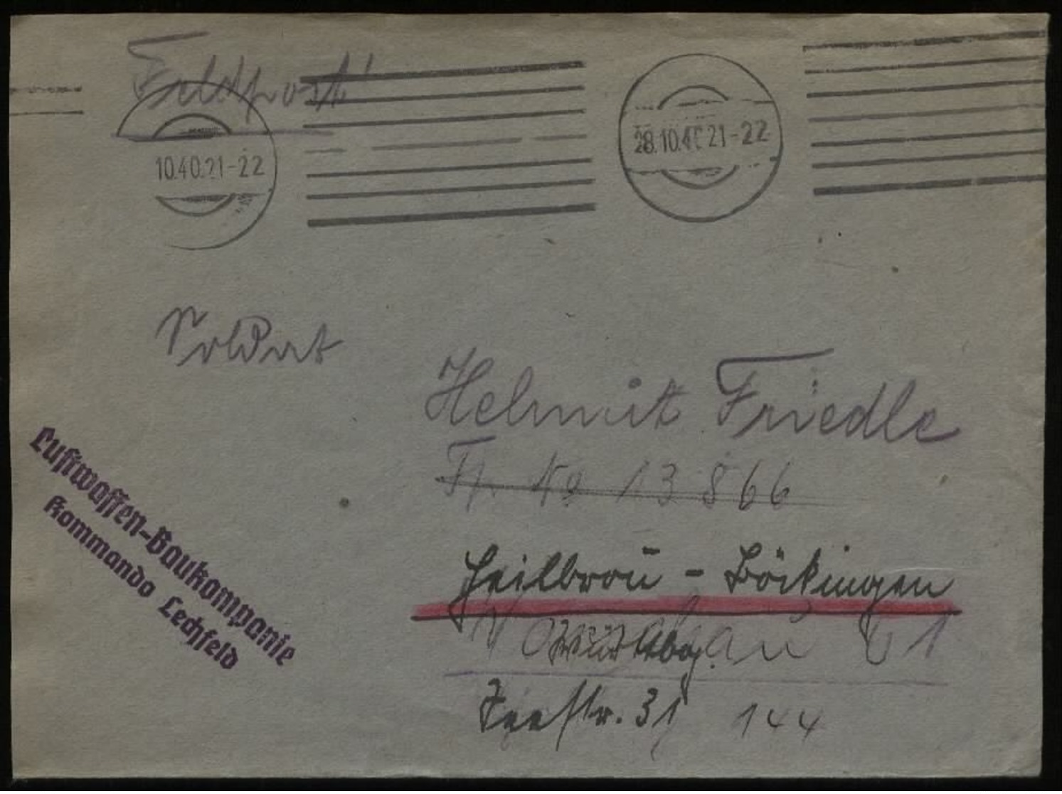 S5560 DR Feldpost Briefumschlag , Luftwaffen Baukompanie Kommando Lechfeld: Gebraucht Feldpost - FP Nr. 13866 - Böckin - Briefe U. Dokumente