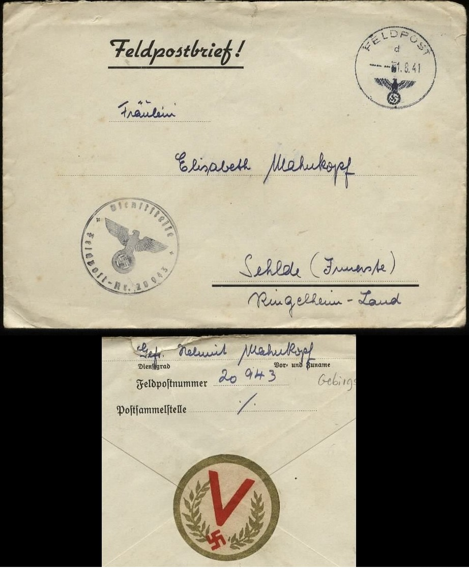 P0217 - DR Feldpost Briefumschlag Mit V - Hakenkreuz Vignette: Gebraucht FP. Nr. 20943 Gebirgsjäger Reg. 139 - Sehlde - Briefe U. Dokumente