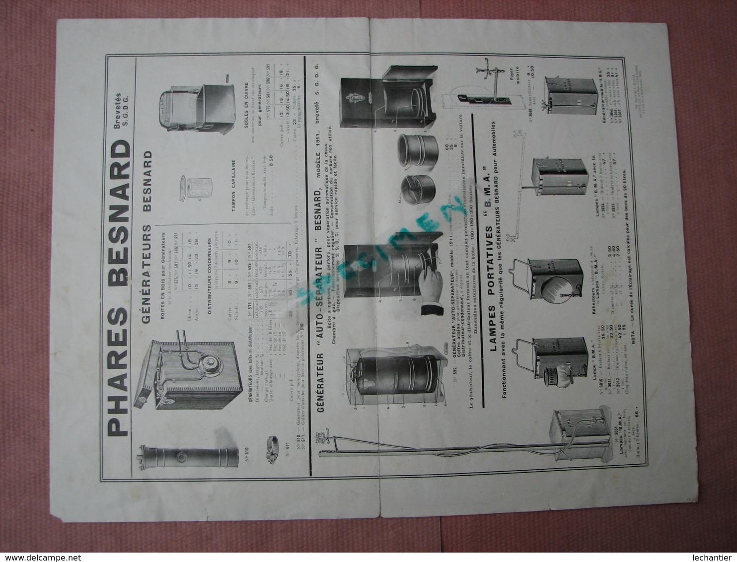 Phares Besnard (vers 1900) Catalogue 4 Pages 26X33 Lanternes,Phares, Générateurs Etc... - Automobile