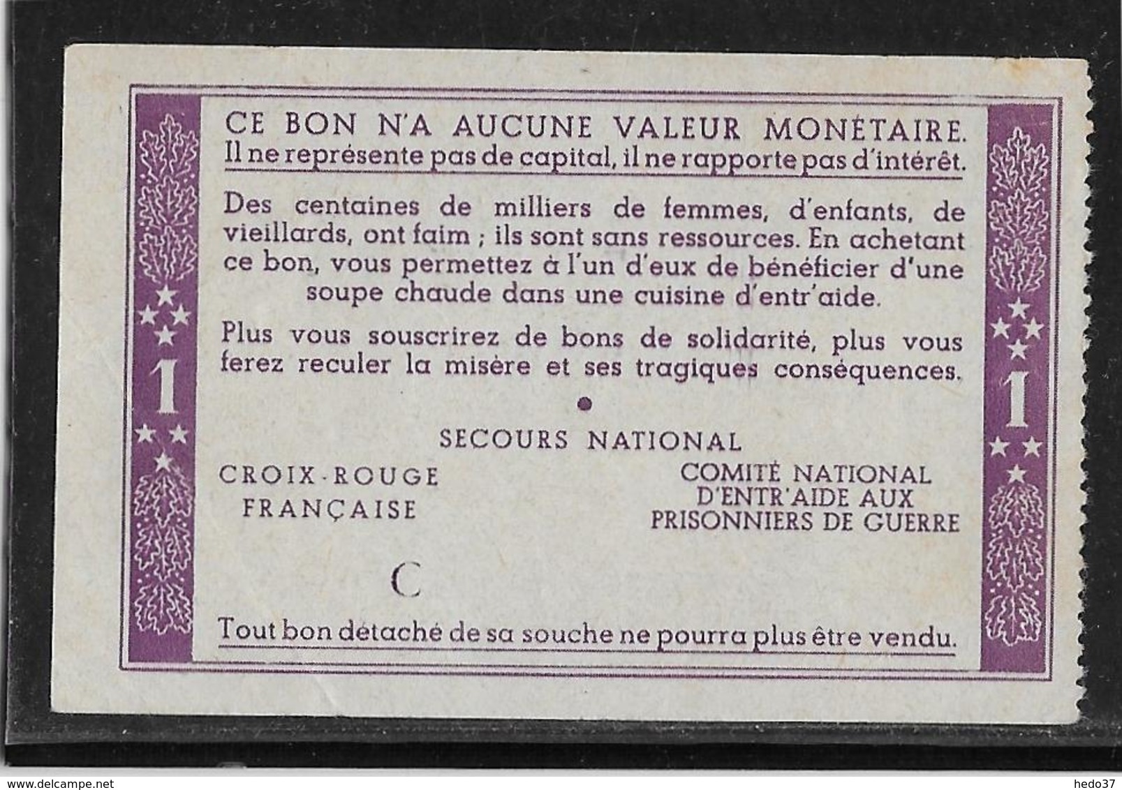 France Bon De Solidarité 1 Franc Pétain - Neuf - Bons & Nécessité