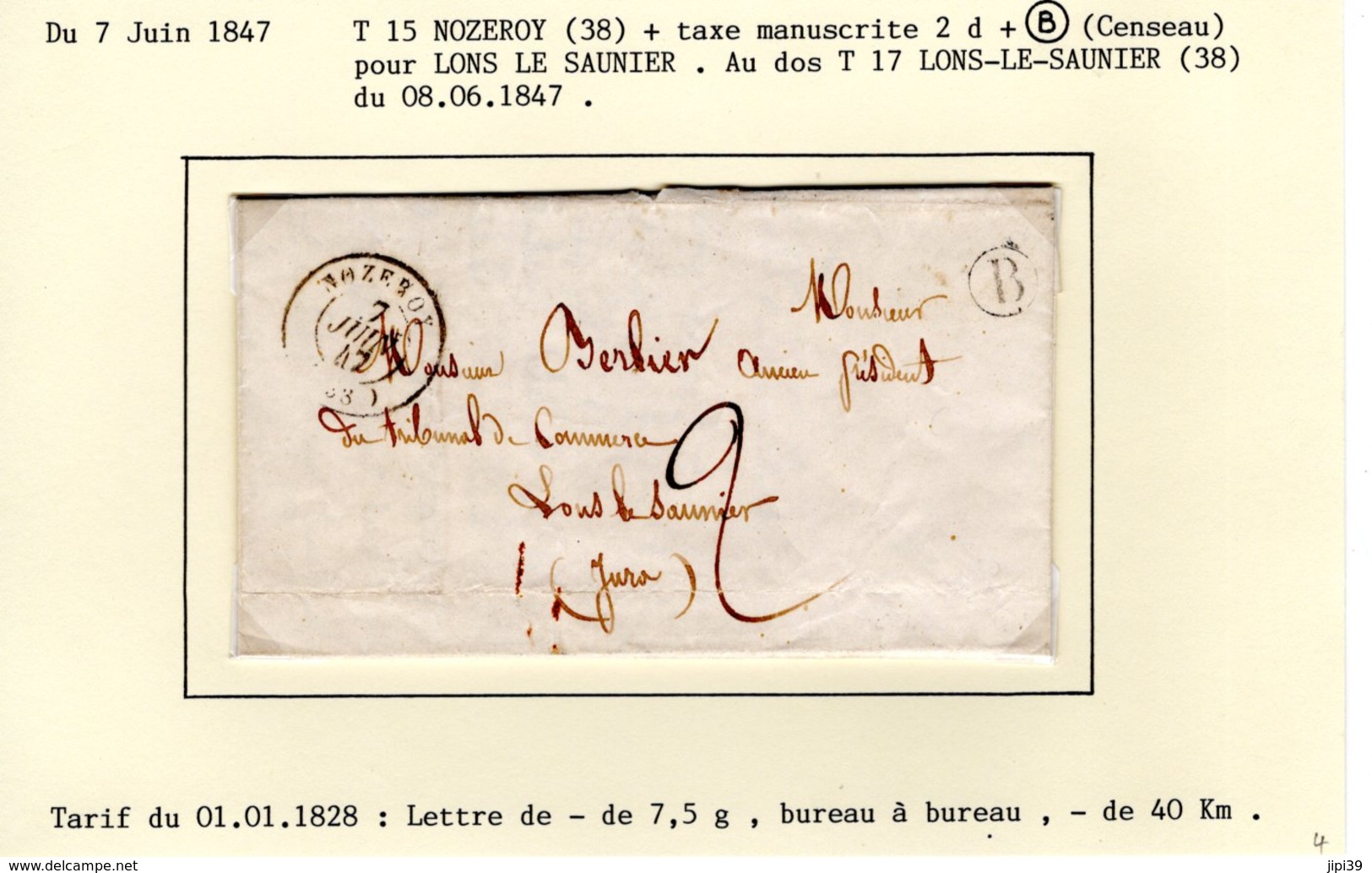 Jura :  T 15 NOZEROY + Taxe Manuscrite 2 D + Boite Rurale B ( Censeau ) Sur LAC En 1847 - 1801-1848: Précurseurs XIX