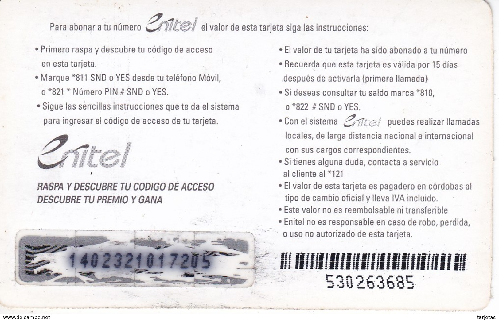 TARJETA DE NICARAGUA DE U$6 DE LA COMPAÑIA ENITEL - Nicaragua