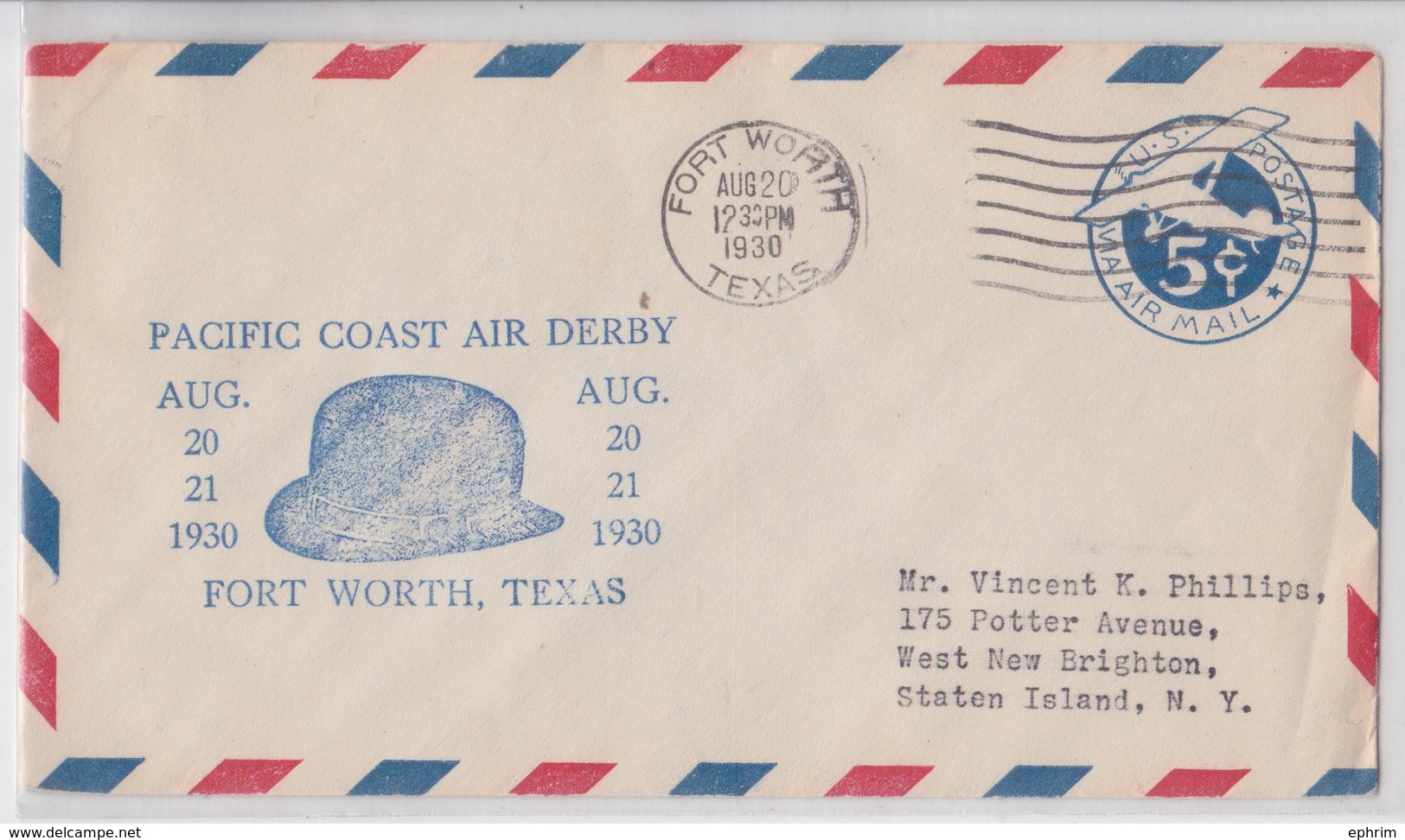 PACIFIC COAST AIR DERBY FORTH WORTH TEXAS COMMEMORATIVE COVER 1930 5 CENTS US POSTAGE POSTAL STATIONERY - Enveloppes évenementielles