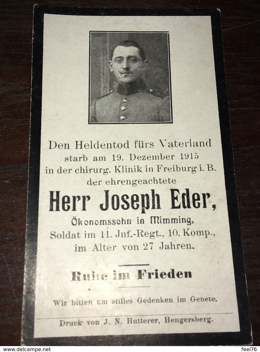 Sterbebild Wk1 Ww1 Bidprentje Avis Décès Deathcard IR11 Chirug. Klinik FREIBURG Aus Mimming - 1914-18