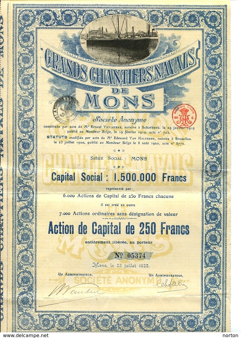 S.A Grands Chantiers Navals De Mons Action De Capital De 250 Francs 1920 - Navigation