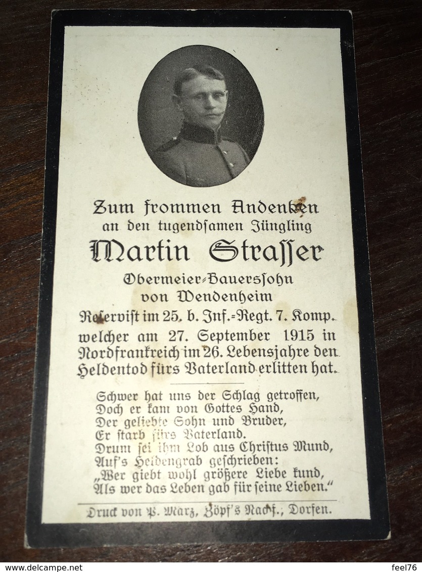 Sterbebild Wk1 Ww1 Bidprentje Avis Décès Deathcard IR25 27. September 1915 Aus Wendenheim - 1914-18