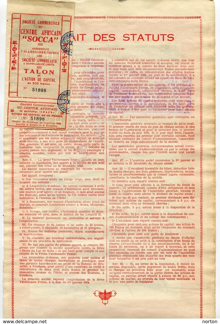 Congo Belge Socca Société Commerciale Du Centre Africain Action De Capital De 500 Fr - Afrika