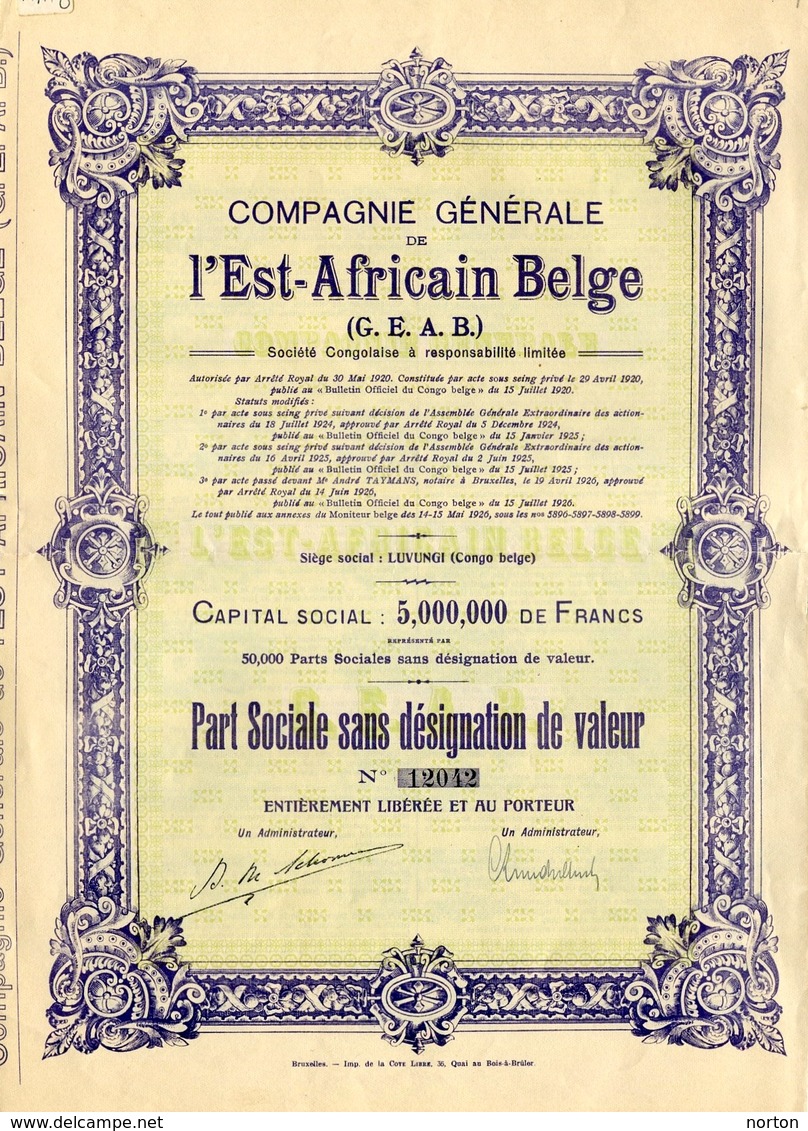 Congo Belge G.E.A.B. Compagnie Générale De L'est Africain Belge Part Sociale Sans Désignation De Valeur - Afrique