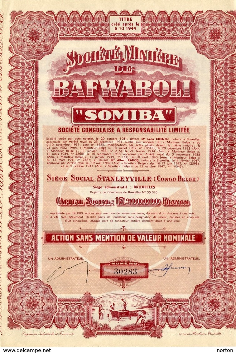 Congo Belge Somiba Société Minière De Bafwaboli Stanleyville Action Sans Mention De Valeur - Afrika