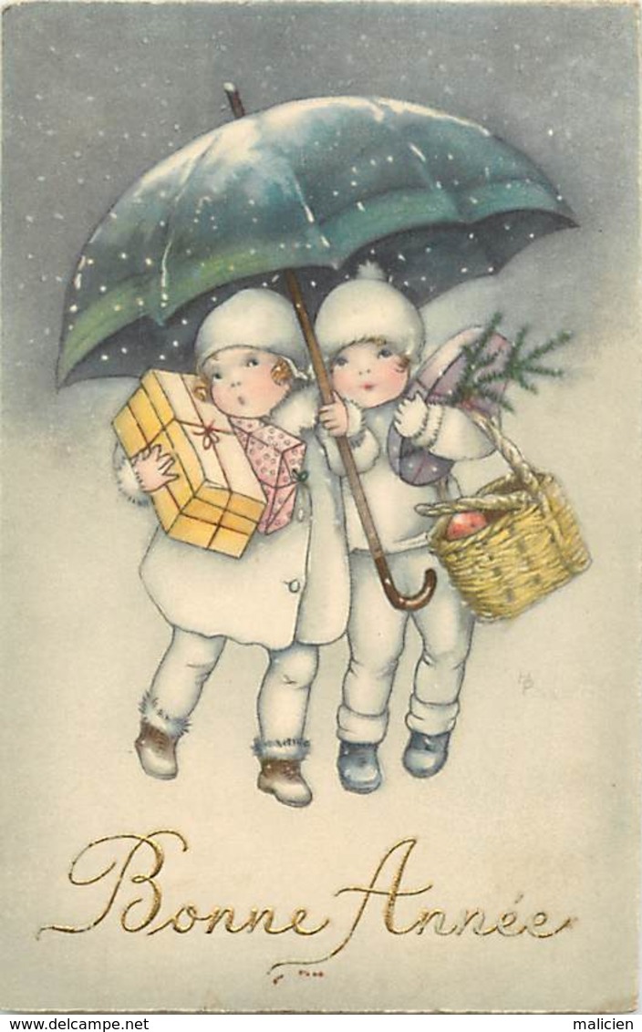 -ref-B194- Illustrateurs - Illustrateur - Enfants Et Parapluie - Bonne Année - Carte Bon Etat - - 1900-1949