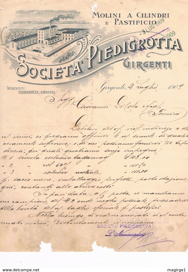 B3233- Girgenti, Fattura Molini E Pastificio Società Piedigrotta 1909 - Italia