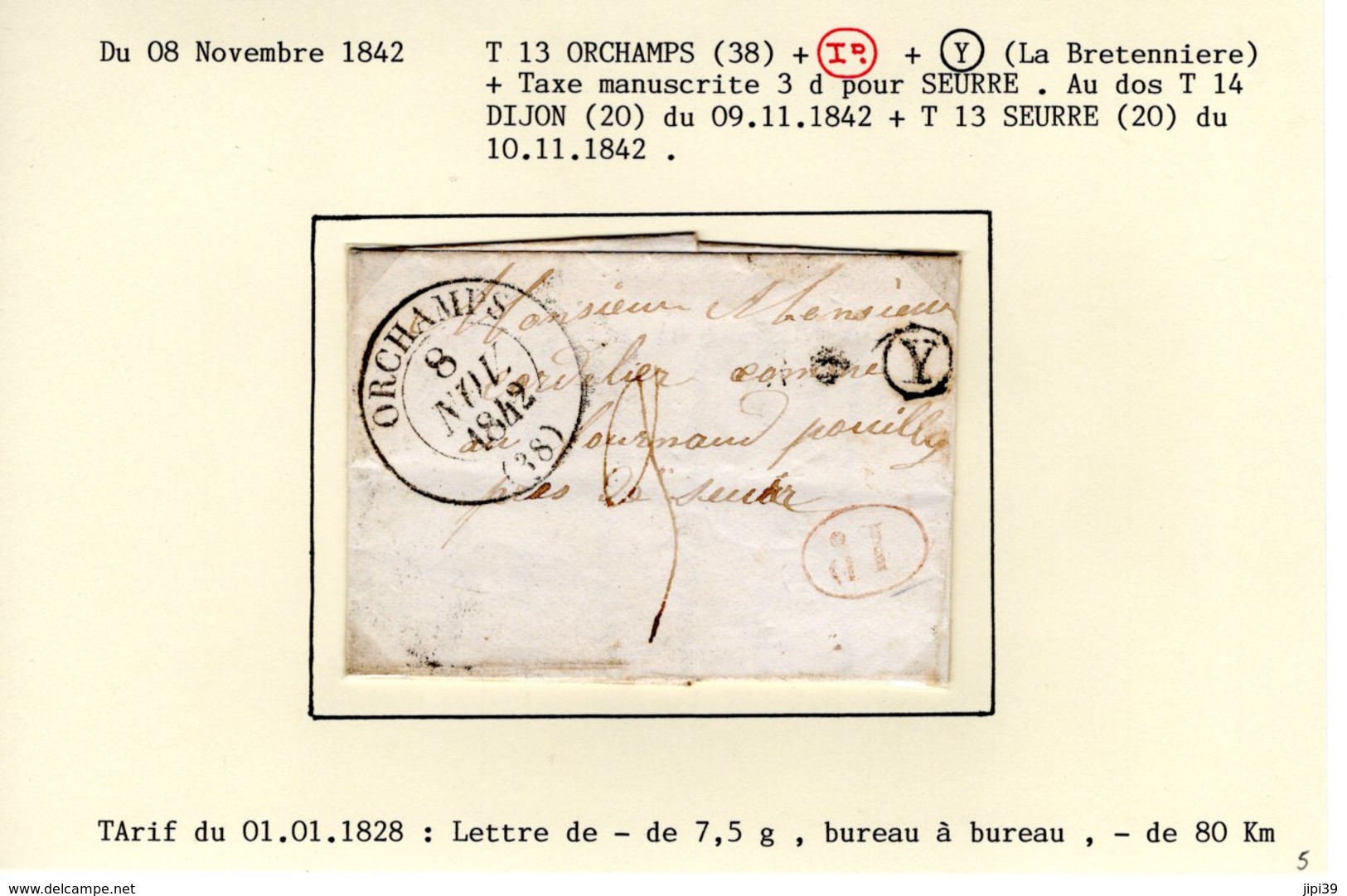 Jura : T 13 ORCHAMPS + Id + Boite Rurale Y ( La Bretenniere ) + Taxe Manuscrite 3 D  Sur LAC En 1842       TTB - 1801-1848: Précurseurs XIX