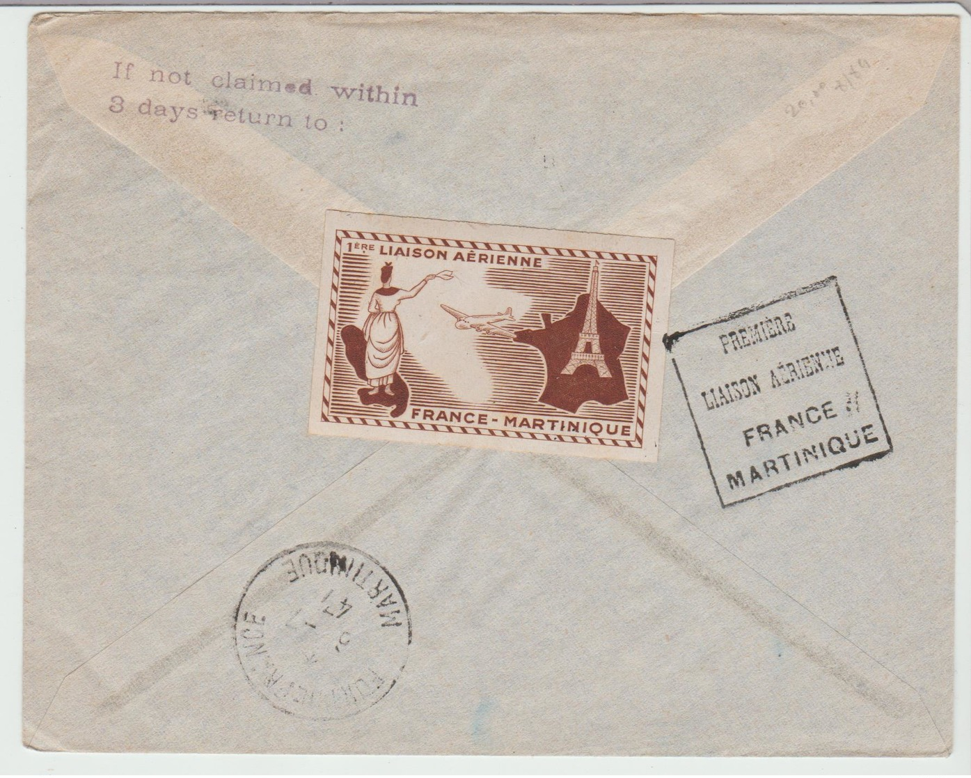 1947 - " 1ère Liaison Aérienne FRANCE / MARTINIQUE " De Paris Aviation / LSC De 1947 Pour Ft De France TB - 1960-.... Lettres & Documents