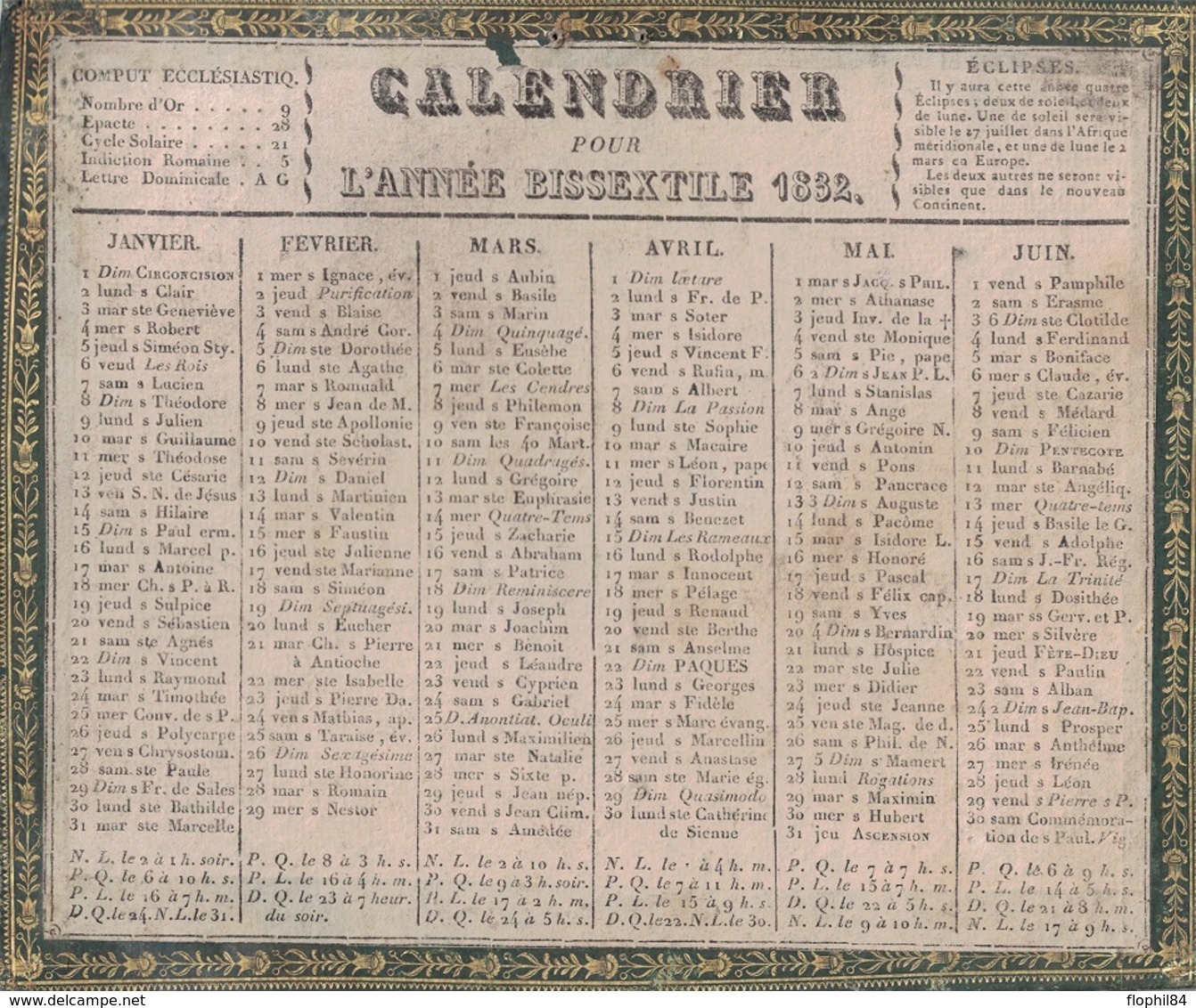 VAUCLUSE - APT - CALENDRIER DE 1832 - JOURS DES FOIRES D'APT - RARE - FORMAT 230x195. - Grand Format : ...-1900