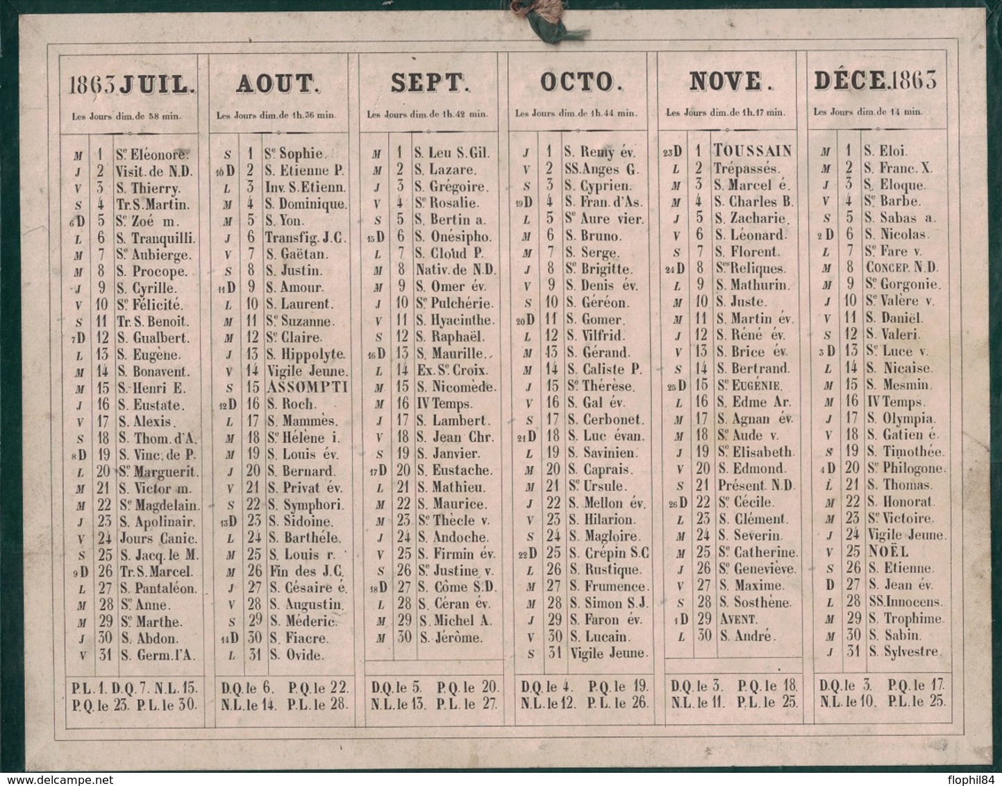 PARIS - CALENDRIER DE 1863 - RECTO VERSO - BON ETAT - EDITEUR DUBOIS-TRIANON RUE ST ANDRE DES ARTS PARIS . - Groot Formaat: ...-1900