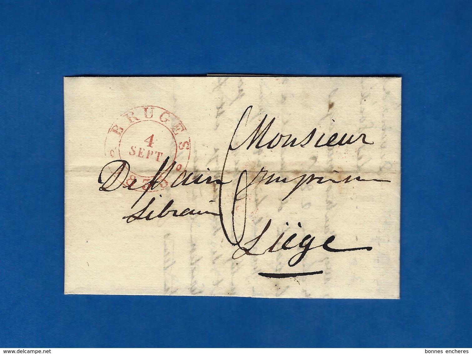 BELGIQUE BRUGES 1835 LETTRE De C.de Moos Bruges Pour Dessain Libraire Imprimeur à Liège B.E.V.SCANS+HISTORIQUE - 1800 – 1899