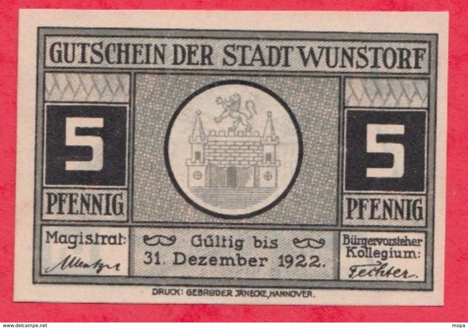 Allemagne 1 Notgeld De 5 Pfenning Stadt Wunstorf Dans L 'état  N °2848 - Collections