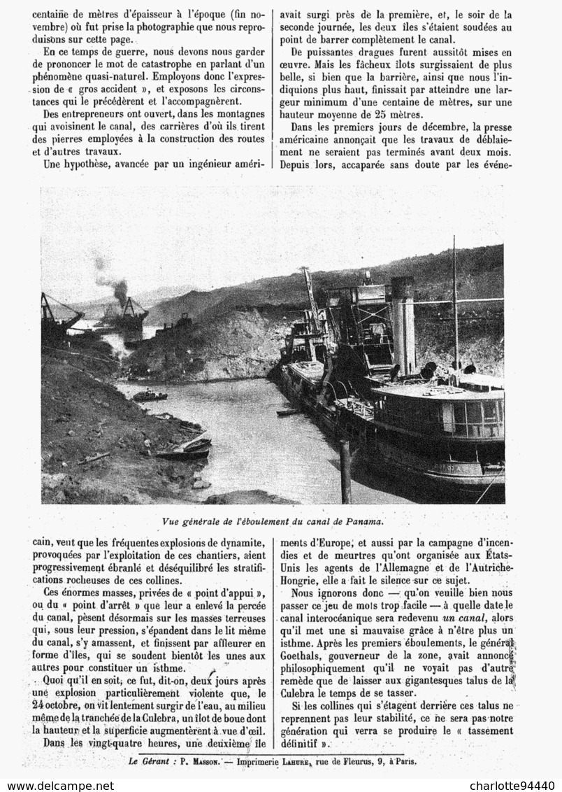 L'OBSTRUCTION Du CANAL De PANAMA  1916 - Autres & Non Classés