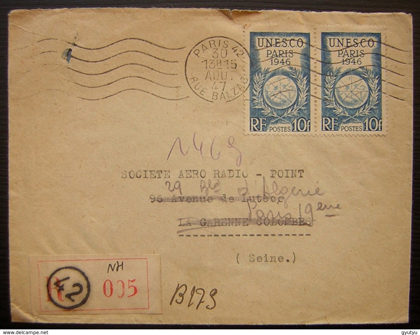 1947 Paris 42 Lettre Recommandée Timbres UNESCO 1946, Société Aéro Radio - 1921-1960: Période Moderne