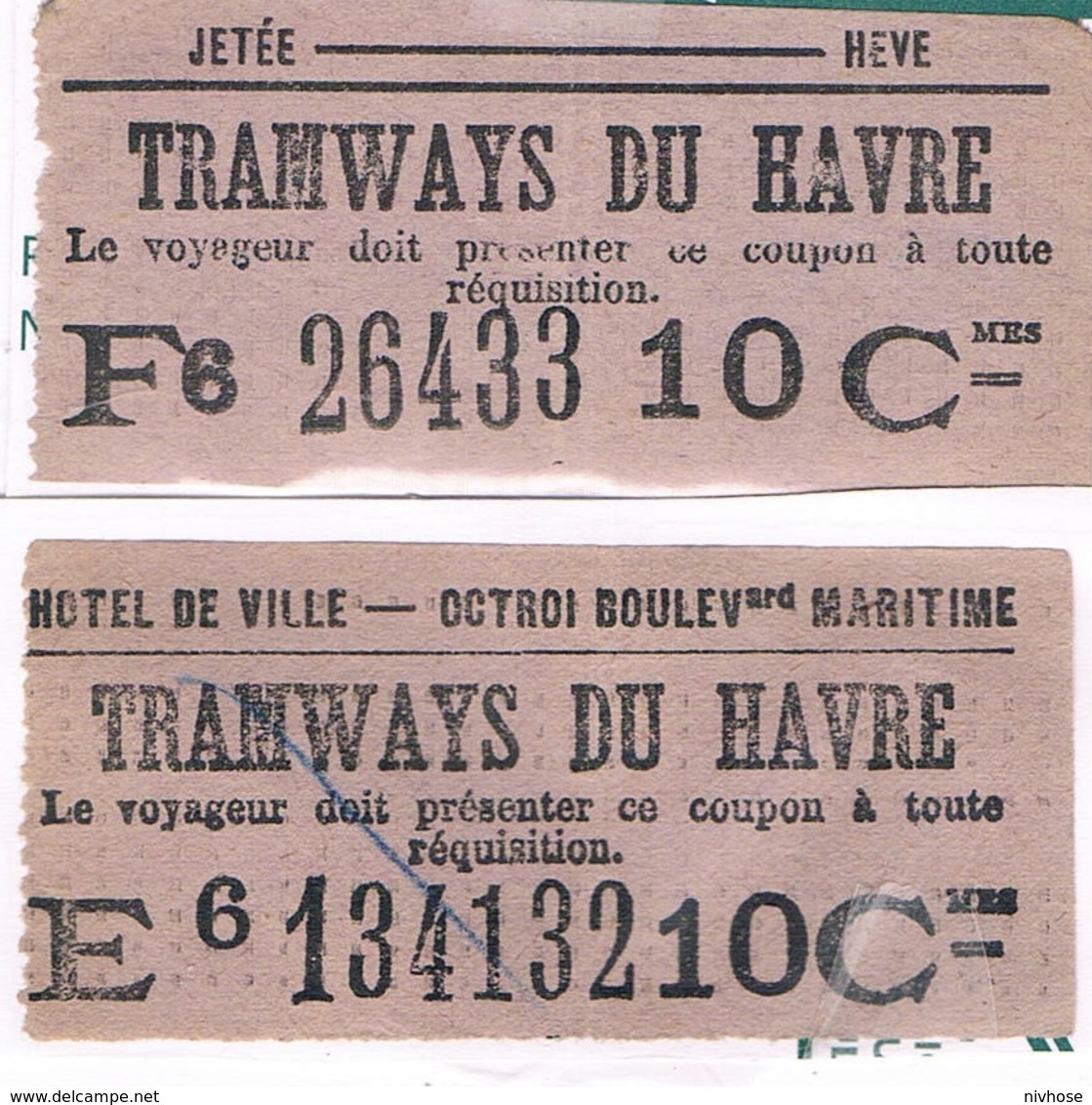 Titre Transport Le HAVRE 76 Ticket Tramway Hôtel Ville + HEVE JETEE 2  Tickets Non Métro - Monde