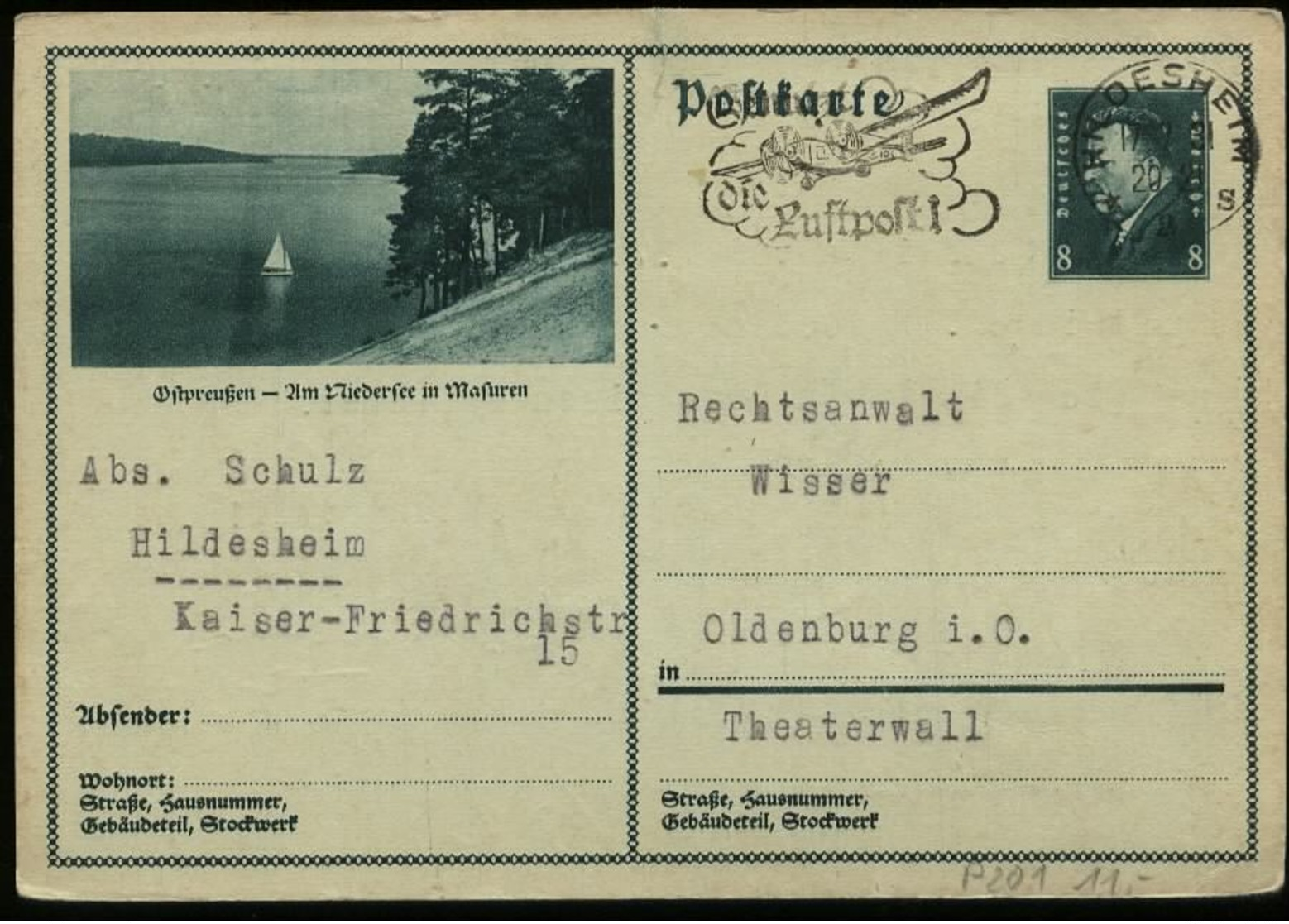 S5693 - DR GS Postkarte Mit Bild Ostpreussen Niedersee Masuren: Gebraucht Hildesheim - Oldenburg 1931 , Bedarfserhaltu - Other & Unclassified
