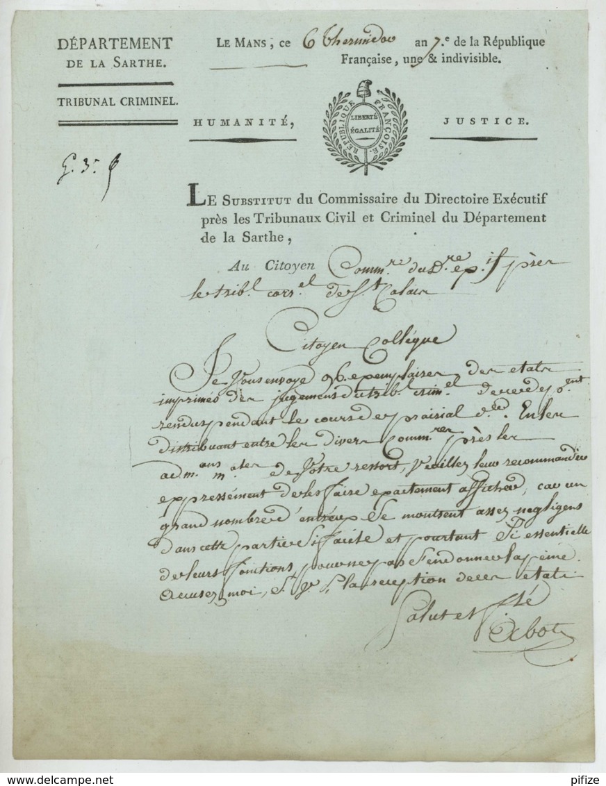 Le Mans 1799 . Tribunal Criminel De La Sarthe . Envoi De Jugements à Afficher Dans Les Communes . - Documents Historiques