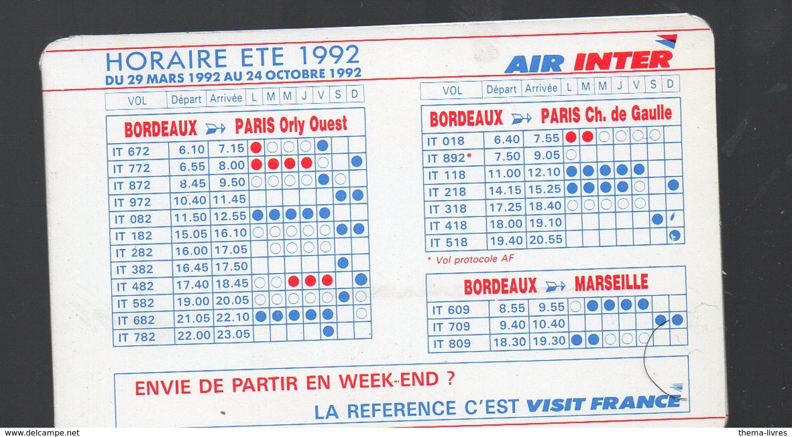 (aviation) Horaire été 1992 AIR INTER (PPP16622) - Europa