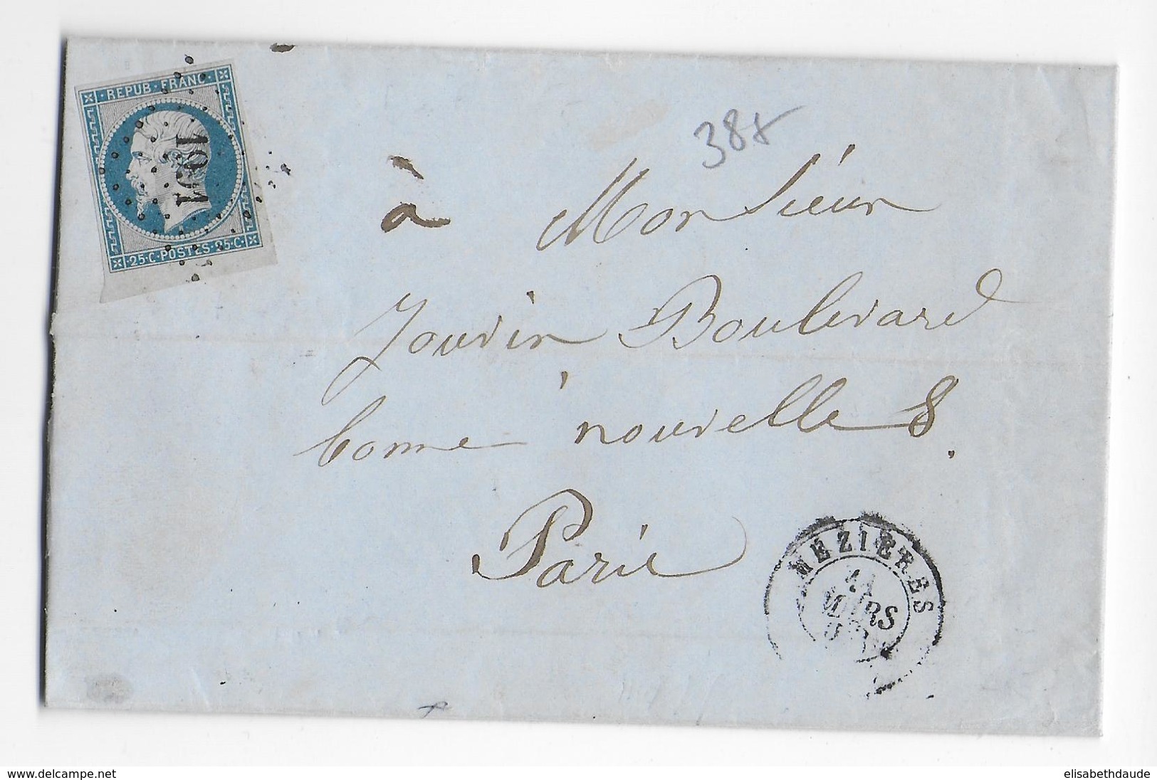 1853 - ARDENNES - 25c REPUBLIQUE SUPERBE Sur LETTRE De MEZIERES => PARIS - 1801-1848: Précurseurs XIX