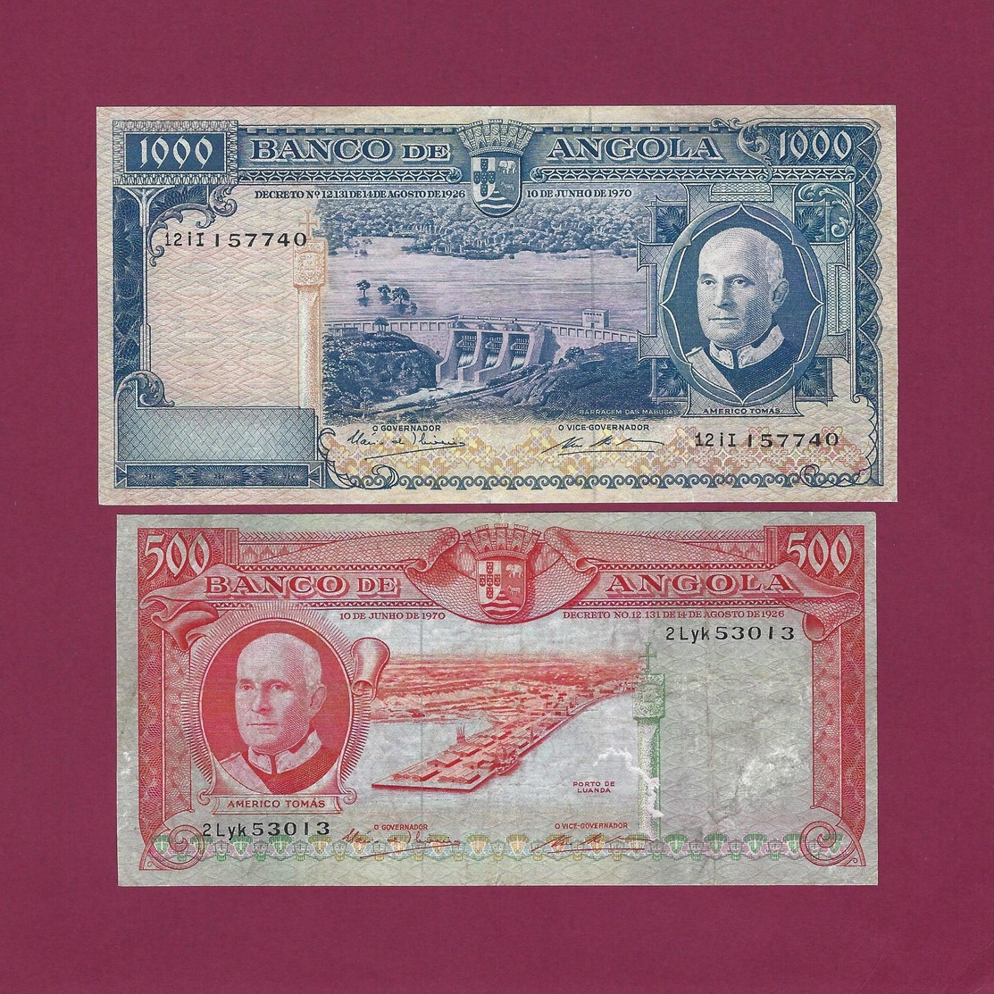 Portugal PORTUGUESE Angola SET 500 + 1000 ESCUDOS 1970 P-97 AND P-98 VF RARE - Angola