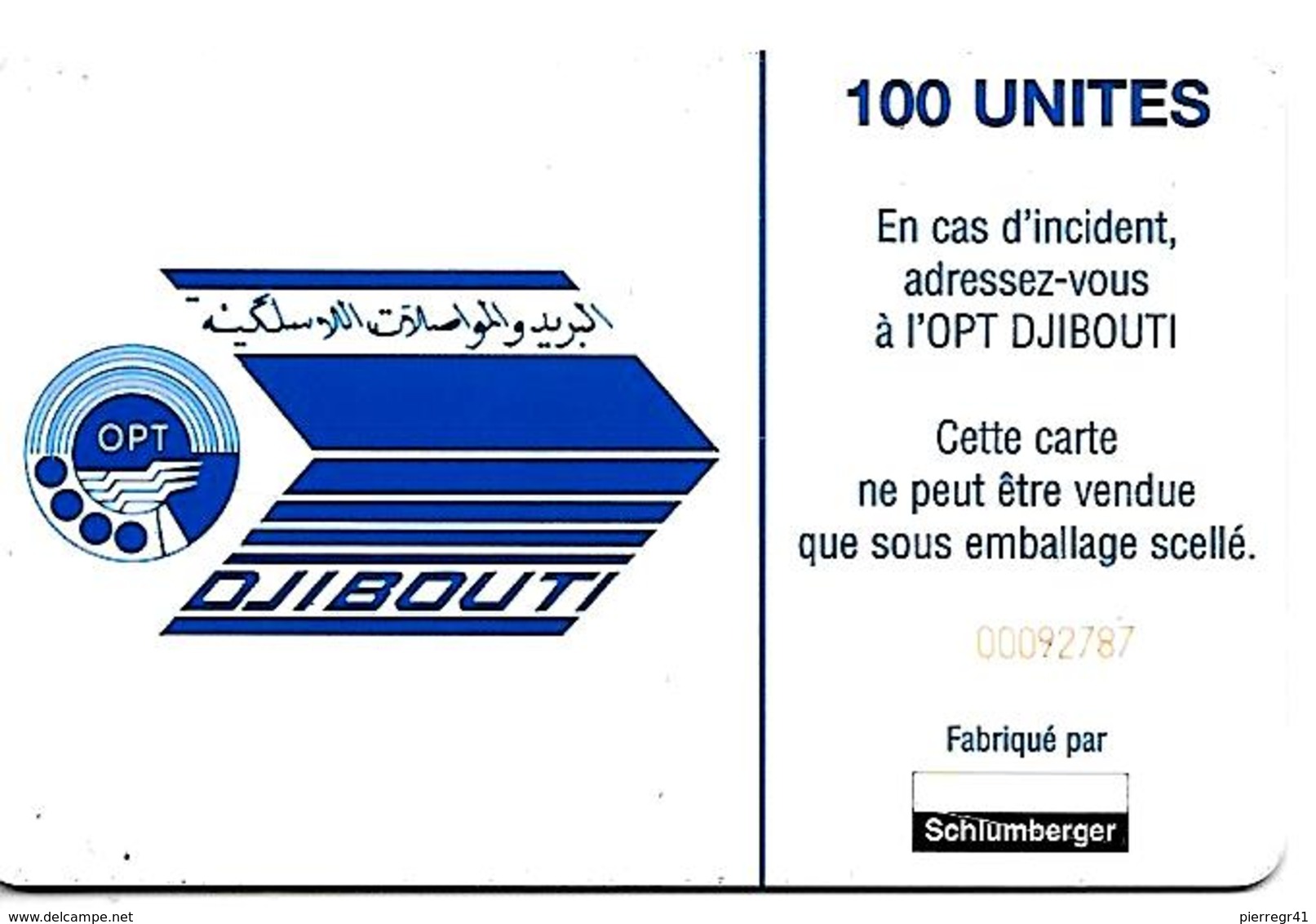 CARTE-PUCE-SCHLUM--OPT-DJIBOUTI-1 00U--SC7-SCHLUM-LAC SALE-R° ROCHERS +OCRES-V°LOGO  OPT BLEU - Djibouti
