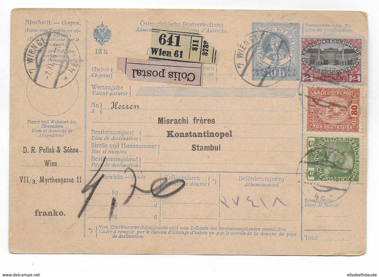 1916 - AUTRICHE - CARTE COLIS POSTAL DE WIEN => KONSTANTINOPEL (TURQUIE) ! - Covers & Documents